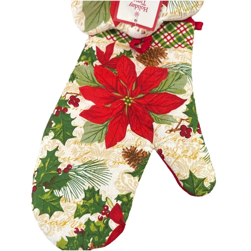 Holiday Time Christmas POINTSETAS  Oven Mitt‎ & Hot Pad New